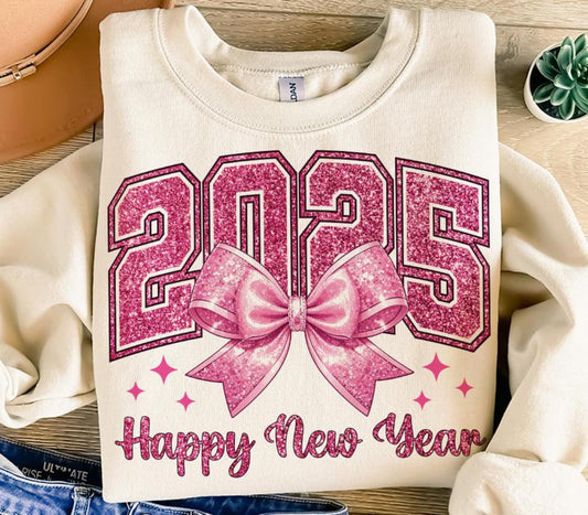 Happy New Year 2025 pink glitter Crewneck